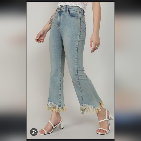 Revamped Denim - Light Blue Distressed Denim Cropped Flare Jeans Size 7 Waist 15"